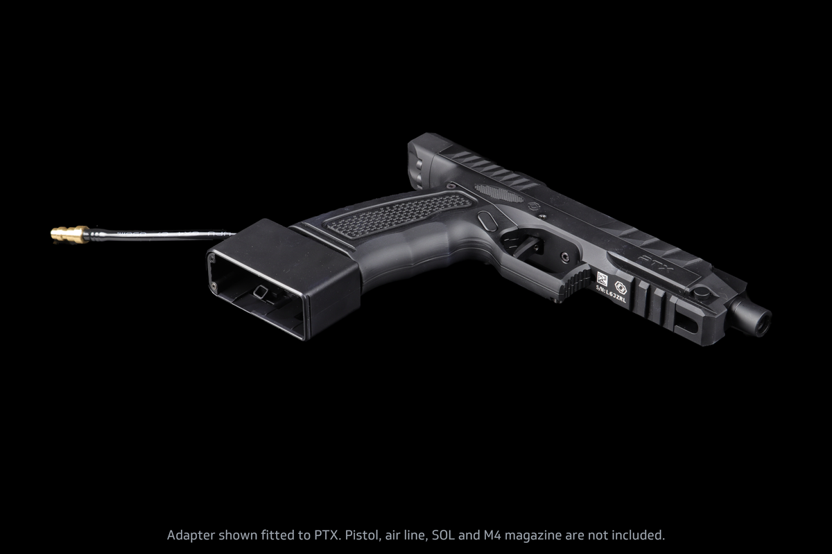 GATE x AIRTAC M4 magazine adapter for GATE PTX — mounted three-quarter view; PTX pistol and air line not included.