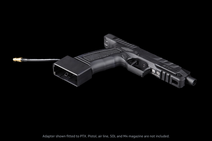 GATE x AIRTAC M4 magazine adapter for GATE PTX — mounted three-quarter view; PTX pistol and air line not included.