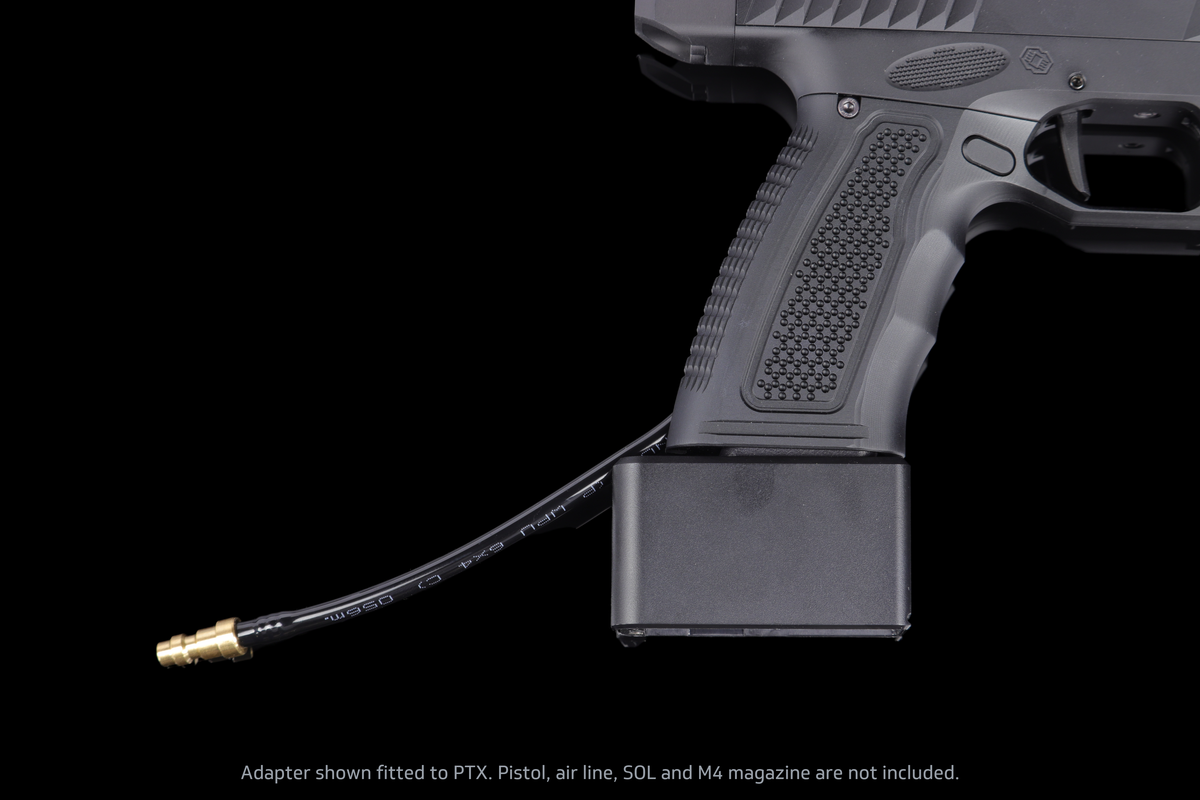 GATE x AIRTAC M4 magazine adapter for GATE PTX — mounted adapter close-up; PTX pistol and air line not included.
