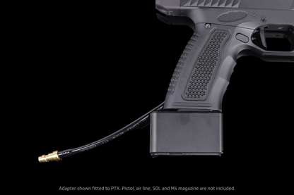 GATE x AIRTAC M4 magazine adapter for GATE PTX — mounted adapter close-up; PTX pistol and air line not included.