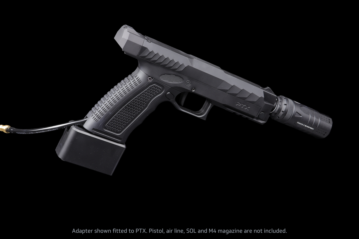 GATE x AIRTAC M4 magazine adapter for GATE PTX — illustrative complete setup; PTX pistol, SOL and air line not included.