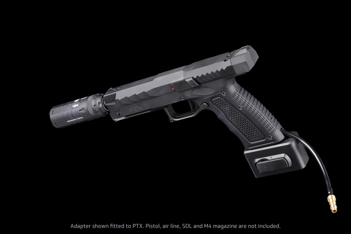 GATE x AIRTAC M4 magazine adapter for GATE PTX — illustrative setup, opposite side; PTX pistol, SOL and air line not included.