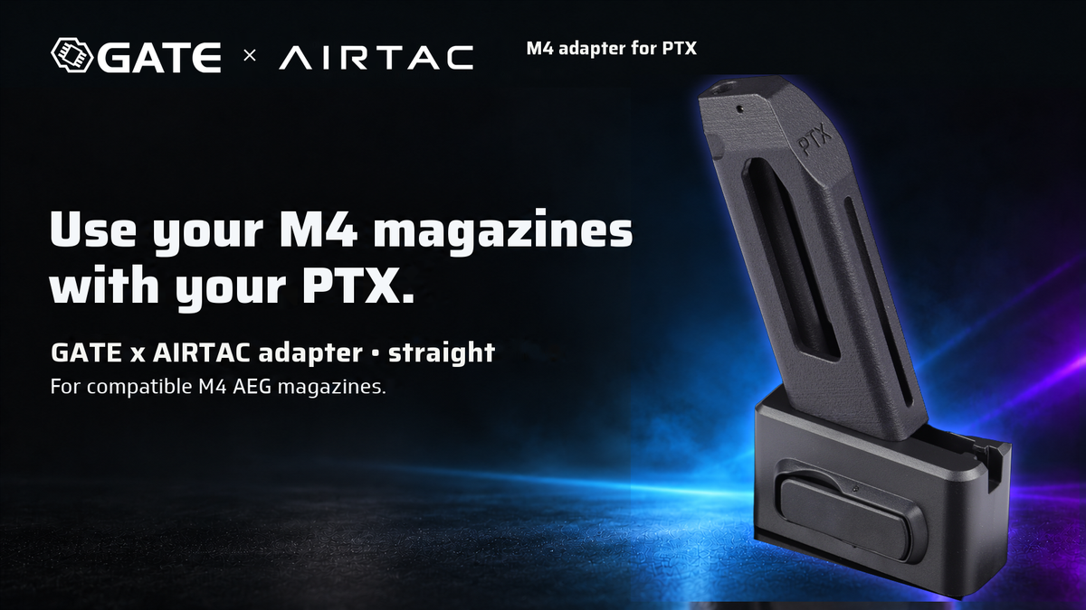 Straight GATE x AIRTAC M4 adapter fitted to a GATE PTX HPA pistol