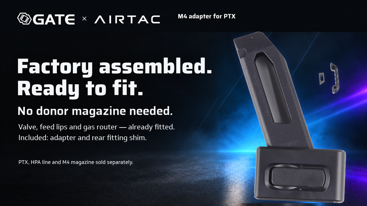 GATE x AIRTAC straight adapter and the included fitting components laid out on a black background
