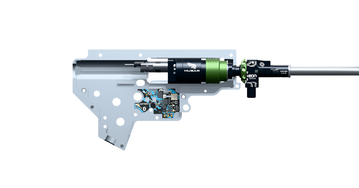 HUSAR with hop-up chamber and barrel in a standard V2 gearbox — open shell showing installation clearance